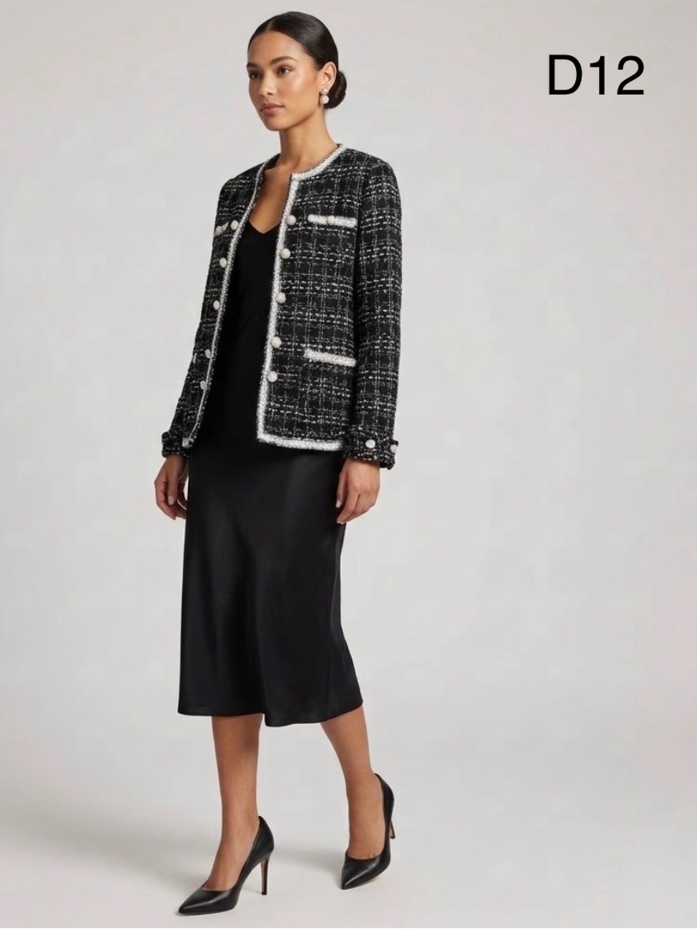 Simply Couture Black and White Tweed Pearl-Button Jacket, Size Large